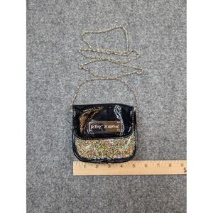 Betsey Johnson Crossbody Bag Womens Mini Black Glitter Vinyl Chain Strap Party